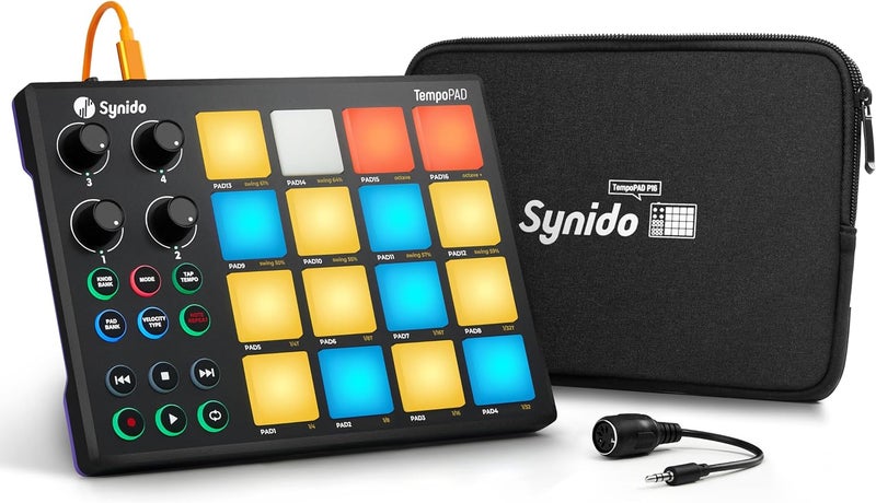 Synido TempoPAD MIDI Drum Controller, 16 RGB Backlit Beat Pads, 4 Assignable Knobs, USB Portable Music Production, Black - Image 1